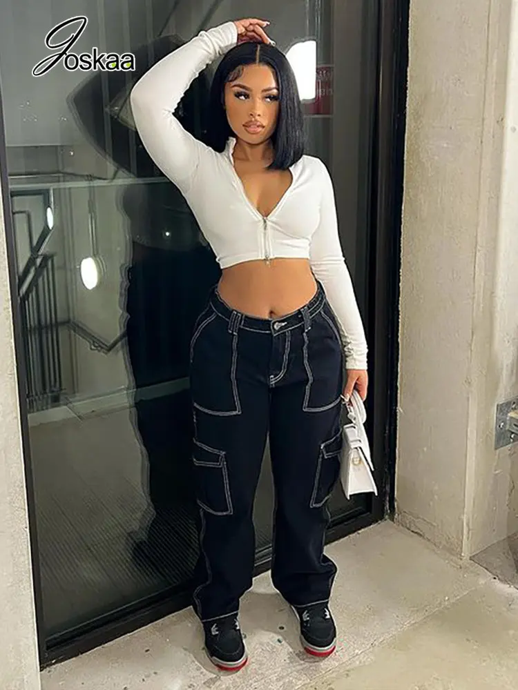 

Женские свободные брюки Joskaa, черные мешковатые джинсы в стиле пэчворк, хипстерские прямые брюки с высокой талией, уличная одежда