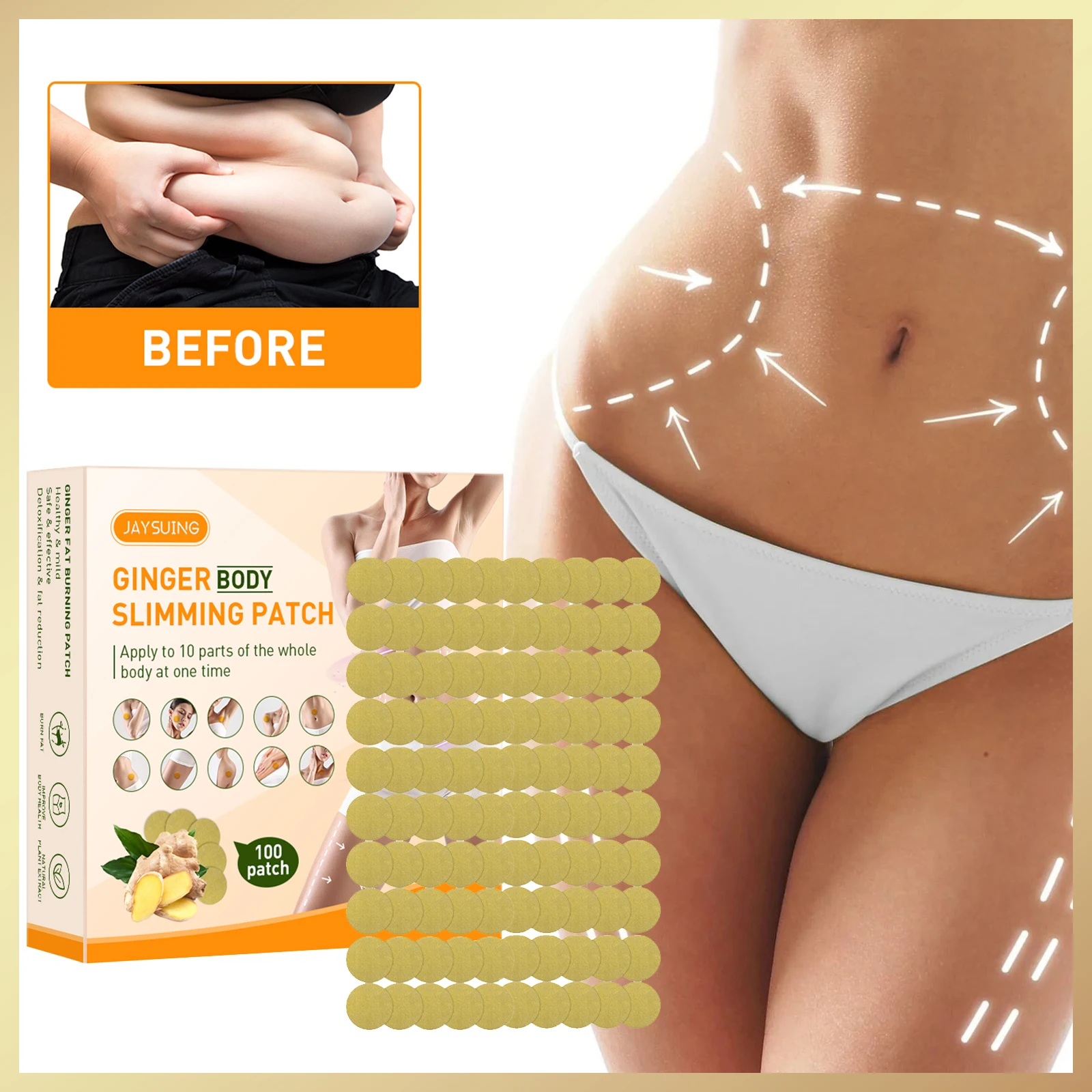 

Ginger Body Slimming Patchs Firming and Shaping To Reduce Belly and Thigh Weight Loss Fat Burning Product for Body 100Pcs/Set