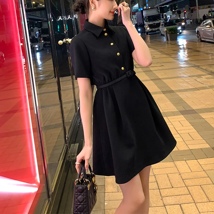

Elegant Gold Buckle Dress Spring and Summer New Polo Collar Short Sleeve Dress