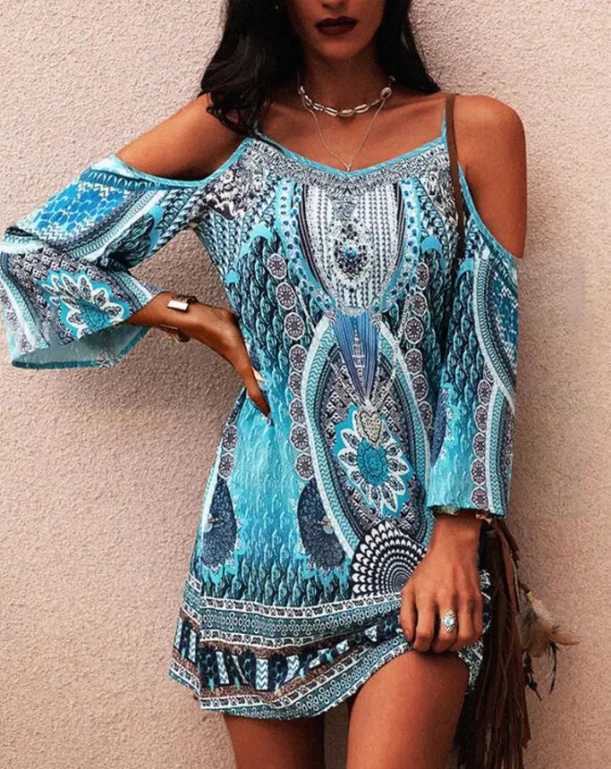 

Dresses for Women 2022 Summer Vintage Tribal Print Cold Shoulder Casual Boho Fashion Mini Vacation Dress