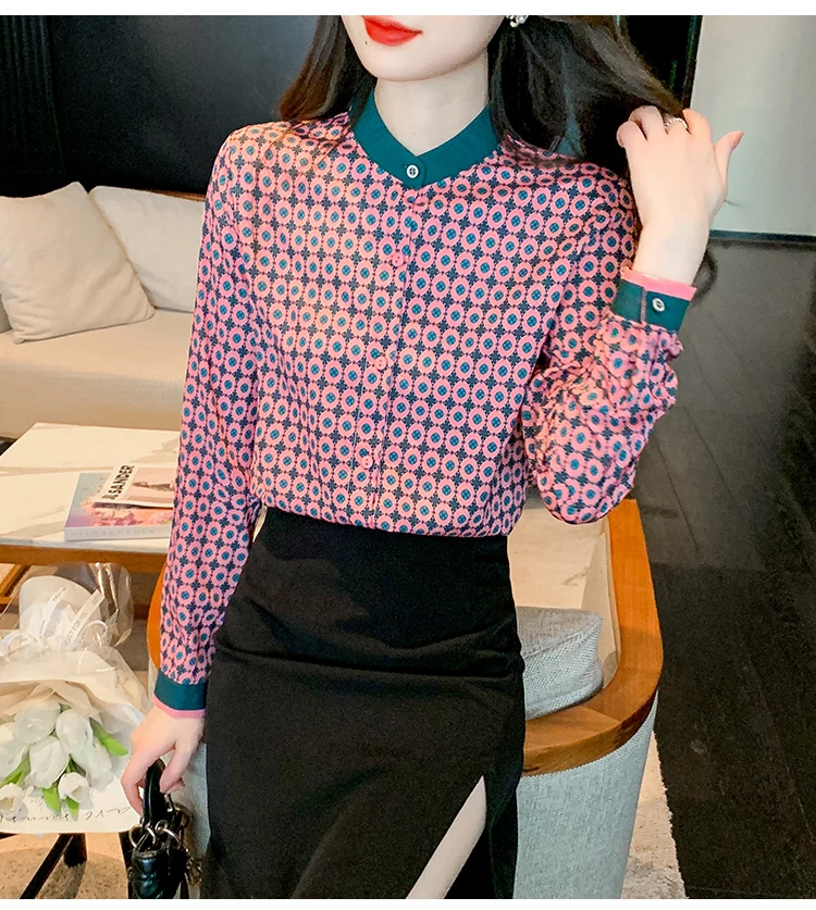 Женская рубашка с винтажным принтом FANIECES блузка воротником-стойкой и длинным