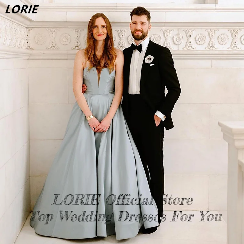 Атласное свадебное платье LORIE небесно-голубого цвета с открытыми плечами без