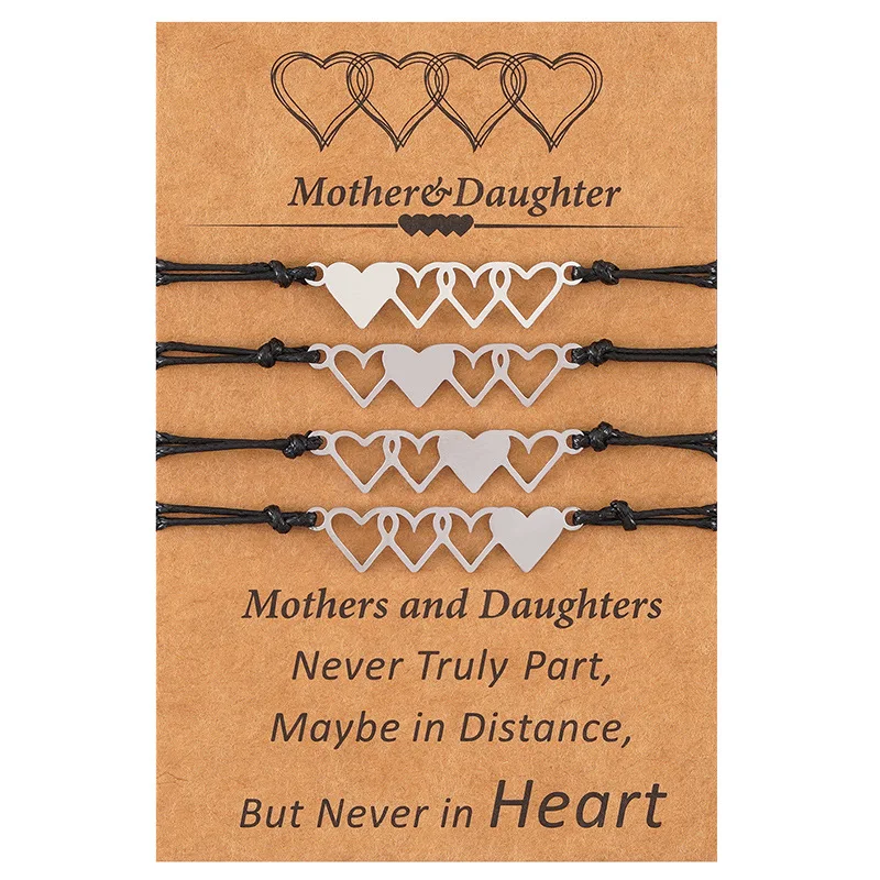 

New Mother's Day Engraved Braided Bracelets Mother And Daughter Stainless Steel Adjustable Wax Rope Wish Card Jewelry