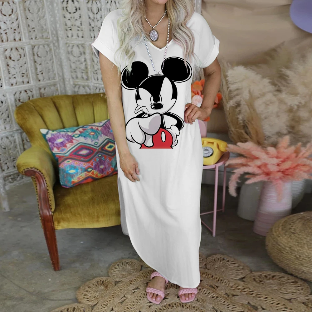 Long Maxi Sexy Dress Elegant Dresses for Women 2022 Split Skirt Mickey V-Neck Disney Print Minnie Mouse Robe Evening Party Print