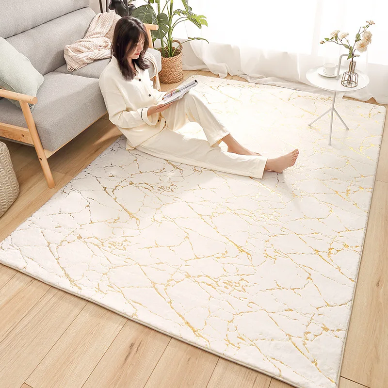 

Artificial Rabbit Hair Carpet Living Room Large Modern Golden Marble Soft Fluffy White Carpets Girl Bedroom Bedside Non-Slip Rug