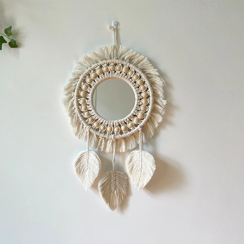 

Bohemian Woven Home Wall Decor Makeup Mirror Braided Macrame Hanging Wall Tapestry Tassel With Mirror For Bedroom Living Room