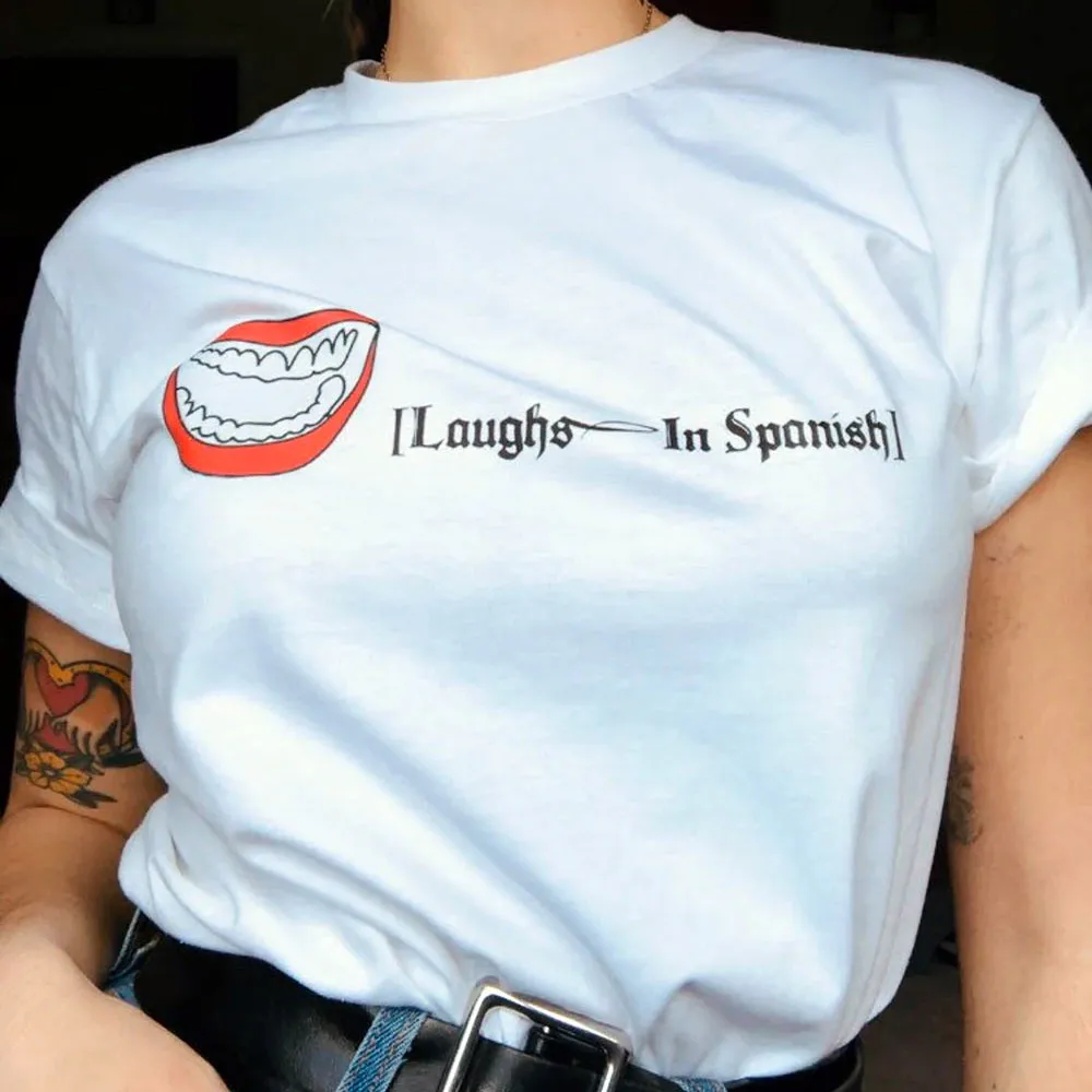 

Женская свободная футболка с коротким рукавом, белая хлопковая Футболка с принтом испанских надписей, лето