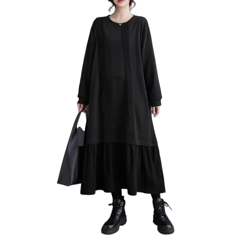 # 3720 осенне-зимнее черное платье-свитшот женское вельветовое платье