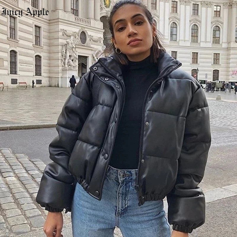 Winter Parkas Warm Thick PU Leather Coats Women Short Fashion Black Cotton Padded Lady Down Jacket Elegant Zipper Clothes 2022