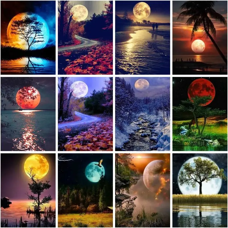 

CHENISTORY Painting By Number Moon Scenery Handpainted Wall Art Pictures By Number Night View Drawing Acrylic Gift Home Decor