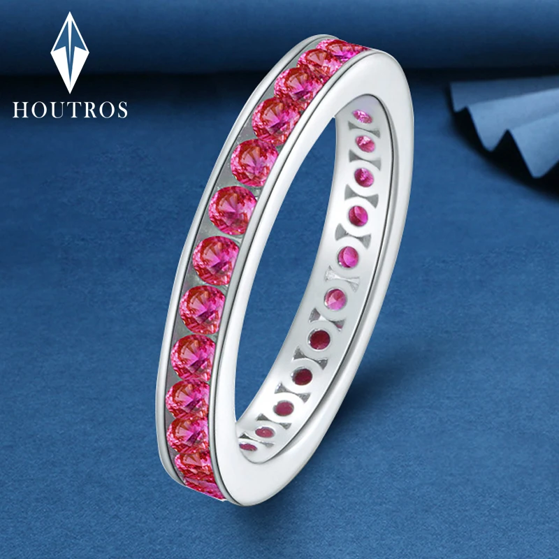 

Houtors Classic Row Diamond Ring 925 Sterling Silver 18K White Gold Plated Ruby Sapphire Gemstone Ring Retro Party Fine Jewelry