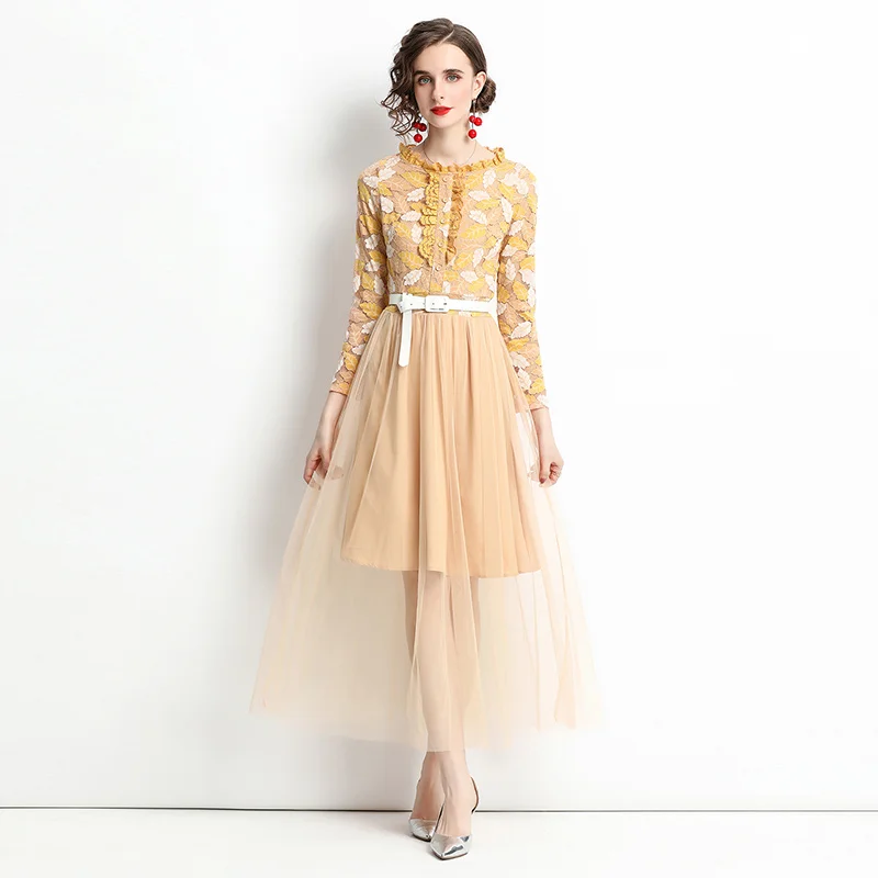 

Women Spring Elegant Lace Tulle Dress Festa High Quality Mesh Patchwork Long Maxi Wedding Cocktail Party Robe Femme