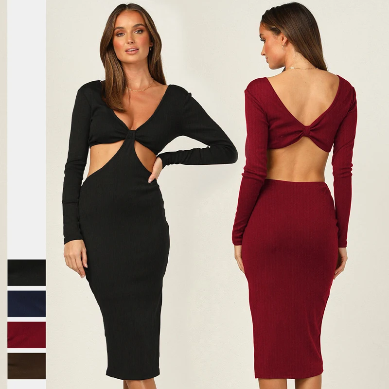 

Cheap Wholesale Women Clothes Fall Outfits Summer Dress 2023 Wear Long Sleeve Hollow Out Pockets Skirt Vented Solid Polyester