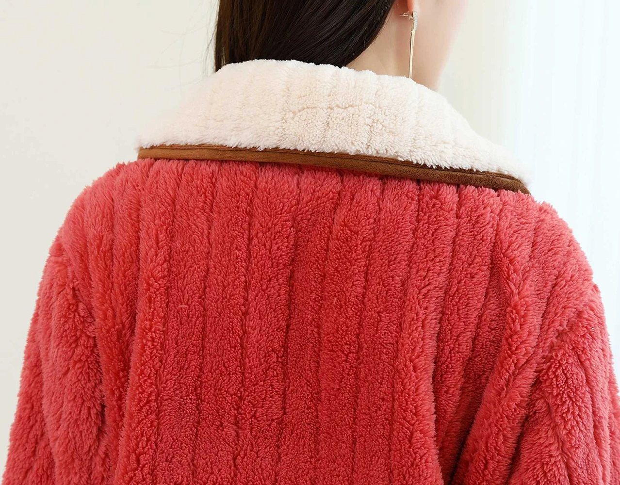 Women's Winter Warm Thin Pajama Suit Length To The Ankle Polyester Comfortable Solid Lapel Button Style Leisure Wear With No Hat