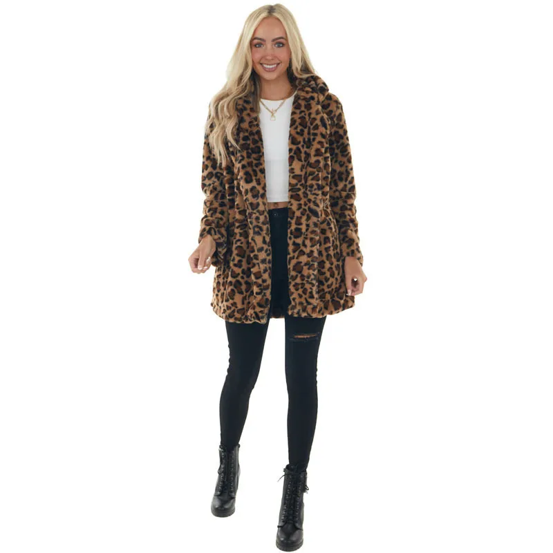 Women Fashion Temperament Imitation Parka Coat Loose Plush Women Outerwear Autumn Winter Leopard Mid Length Jacket Fur Coats