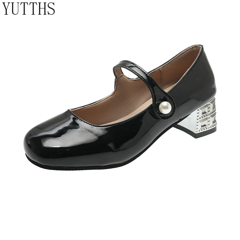 

Туфли-лодочки на высоком каблуке с жемчужинами и пуговицами, на блочном каблуке, с квадратным носком, Туфли Мэри Джейн, новинка 2022 года, весе...