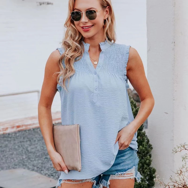 

Ruffles Tank Top Summer 2023 Women Clothing Button Sleeveless T-shirts Casual Fashion Loose Tops Solid Basic Camisole for Female