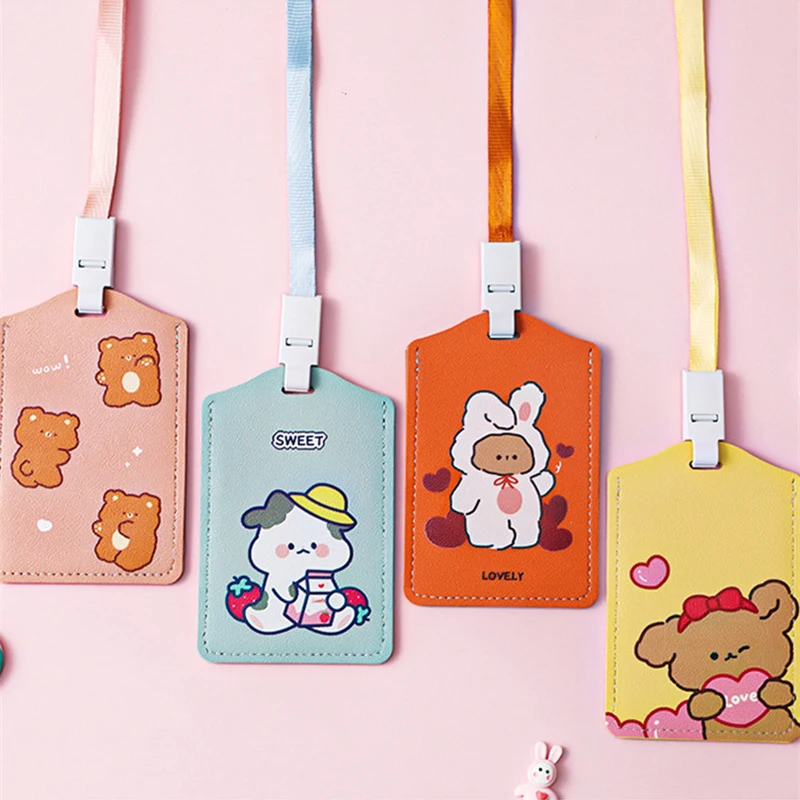 

Credit Card ID Badge Holder with Lanyard Cute Cartoon Leather Bus Pass Case Cover Key Ring Luggage Tag Trinket