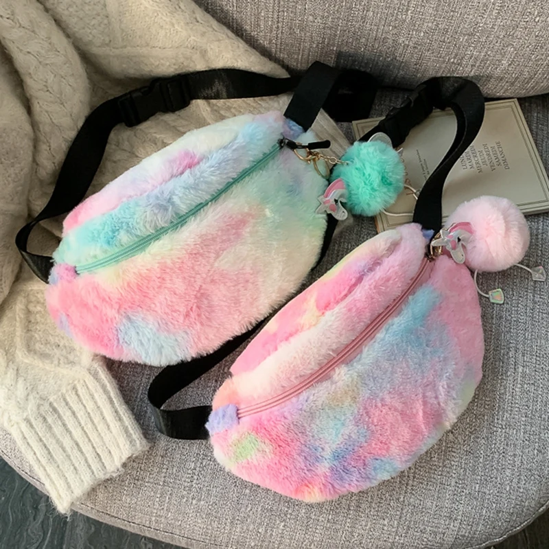 

Замшевая поясная сумка с подвеской в виде единорога, женский зимний мягкий плюшевый нагрудный кошелек, модная забавная сумка с градиентом, ...