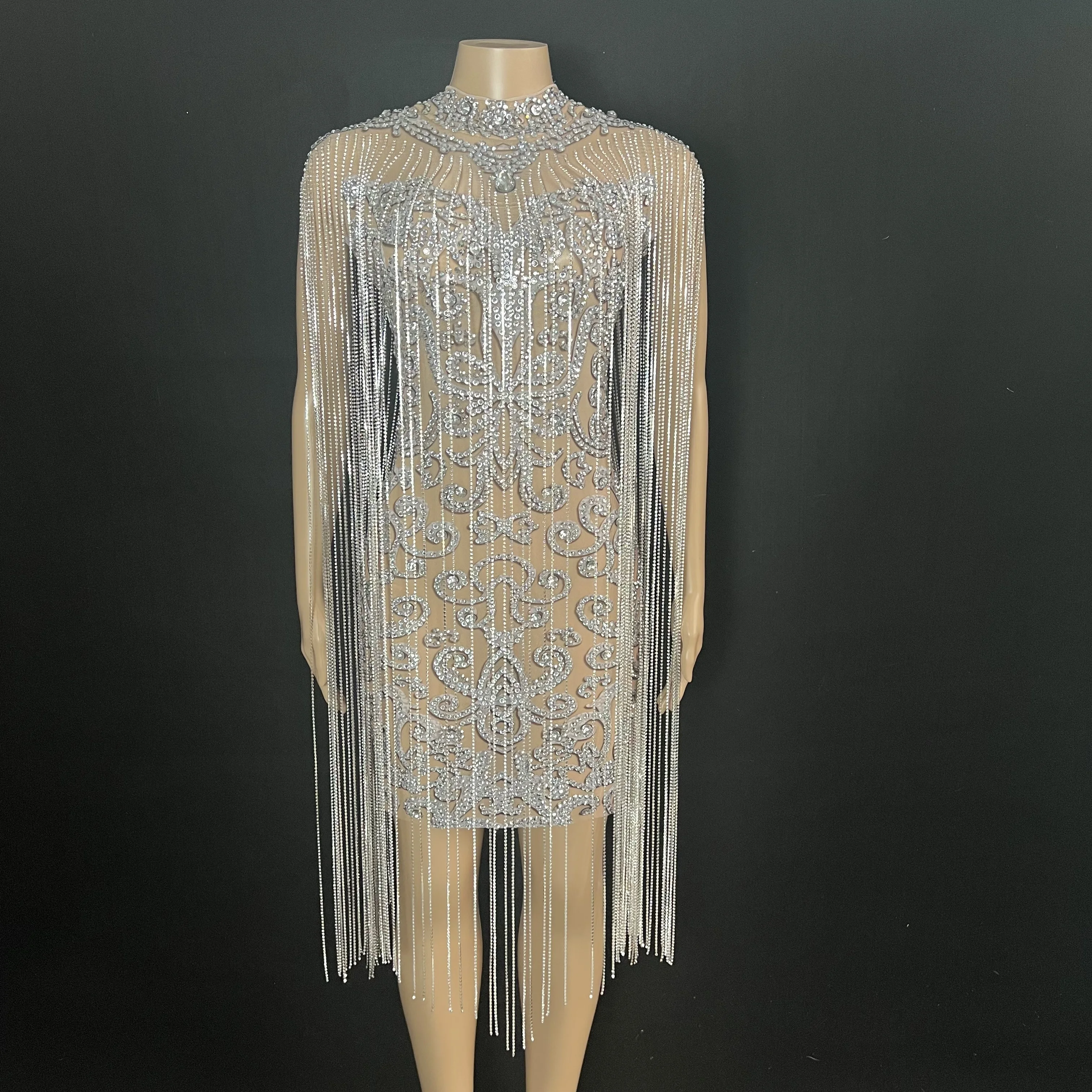 

Вечернее платье стразы для празднования дня рождения с серебряными кристаллами цепочки с бахромой с длинными рукавами прозрачный наряд дл...