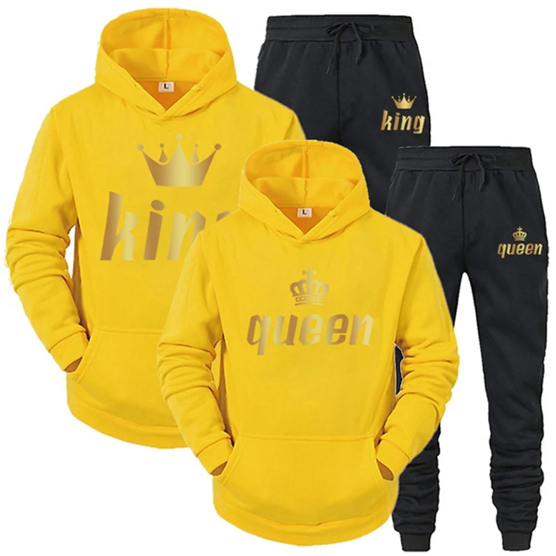 KING and QUEEN Printed Lover Hooded Suits Hoodie and Sweatpants 2pcs Set Streetwear Men Women Cloths Fashion Couple Sweatshirt images - 6