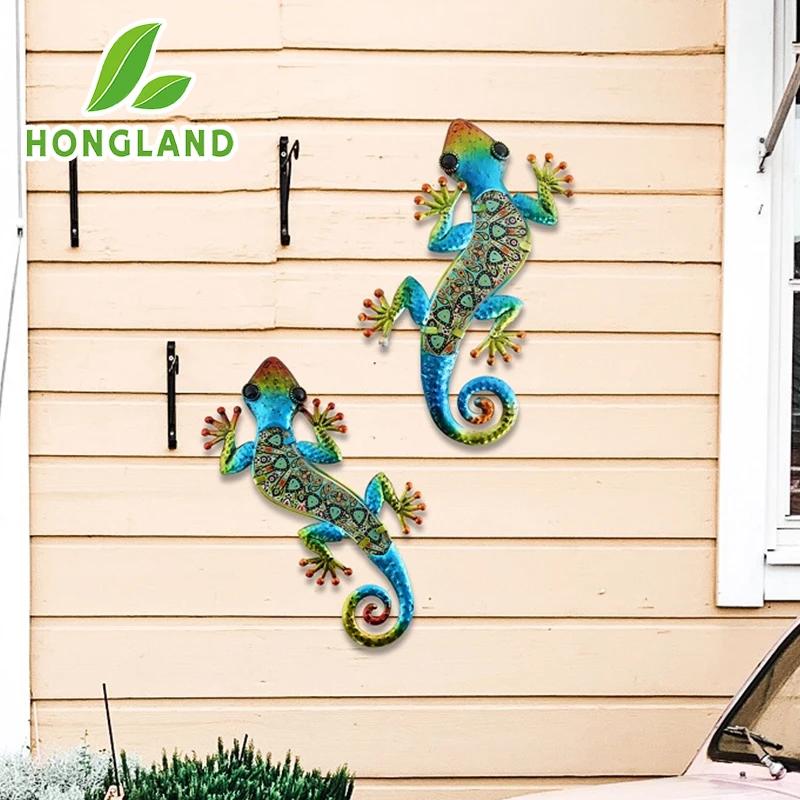 2 Pcs Metal Gecko Wall Decoration 3 Color Lizard Garden Art Color Hanging Glass Sculpture for Indoor Outdoor Terrace Fence