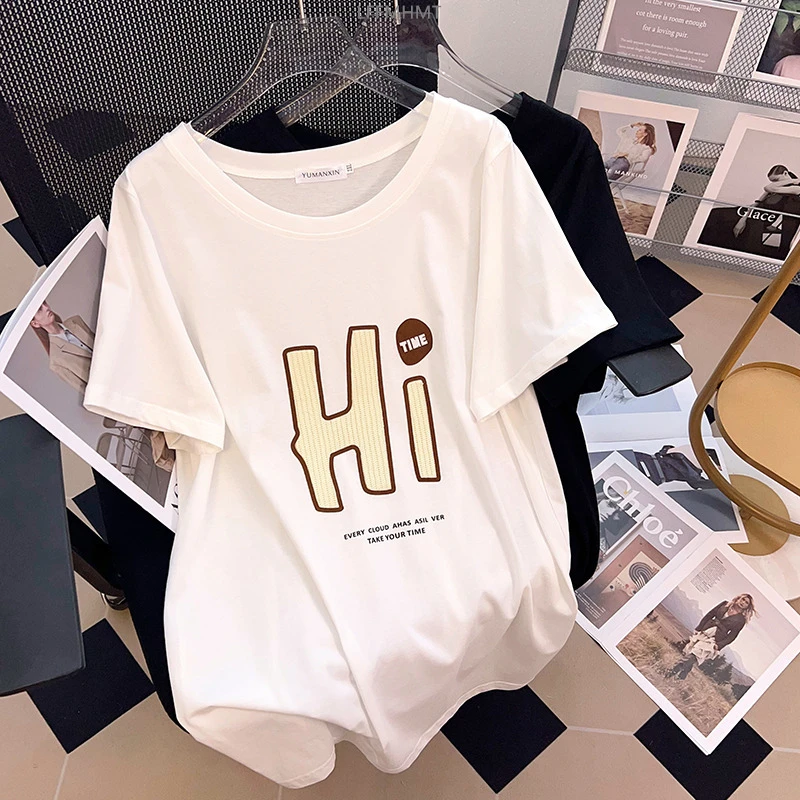 

6197 Summer Fashion Women's Hi Chic Print T-shirt Female Short Sleeve O-neck Casual Loose Basic Pullovers Lady Mid-long Tee Tops