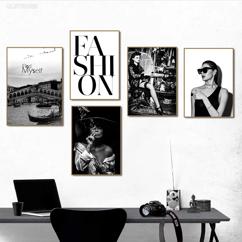 

Black and White Wall Art Figure Poster Letter Fashion Woman Print Home Decoration Canvas Painting for Living Room Bedroom
