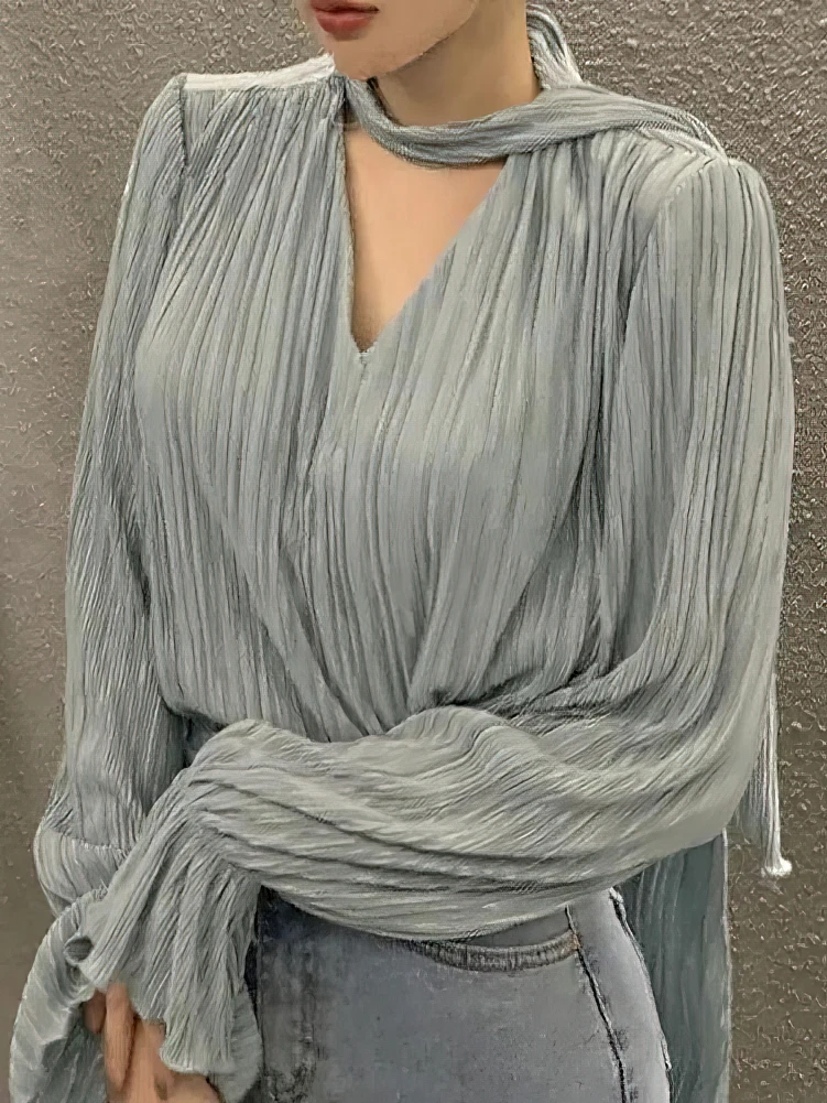 Женская плиссированная блузка с длинным рукавом и завязками