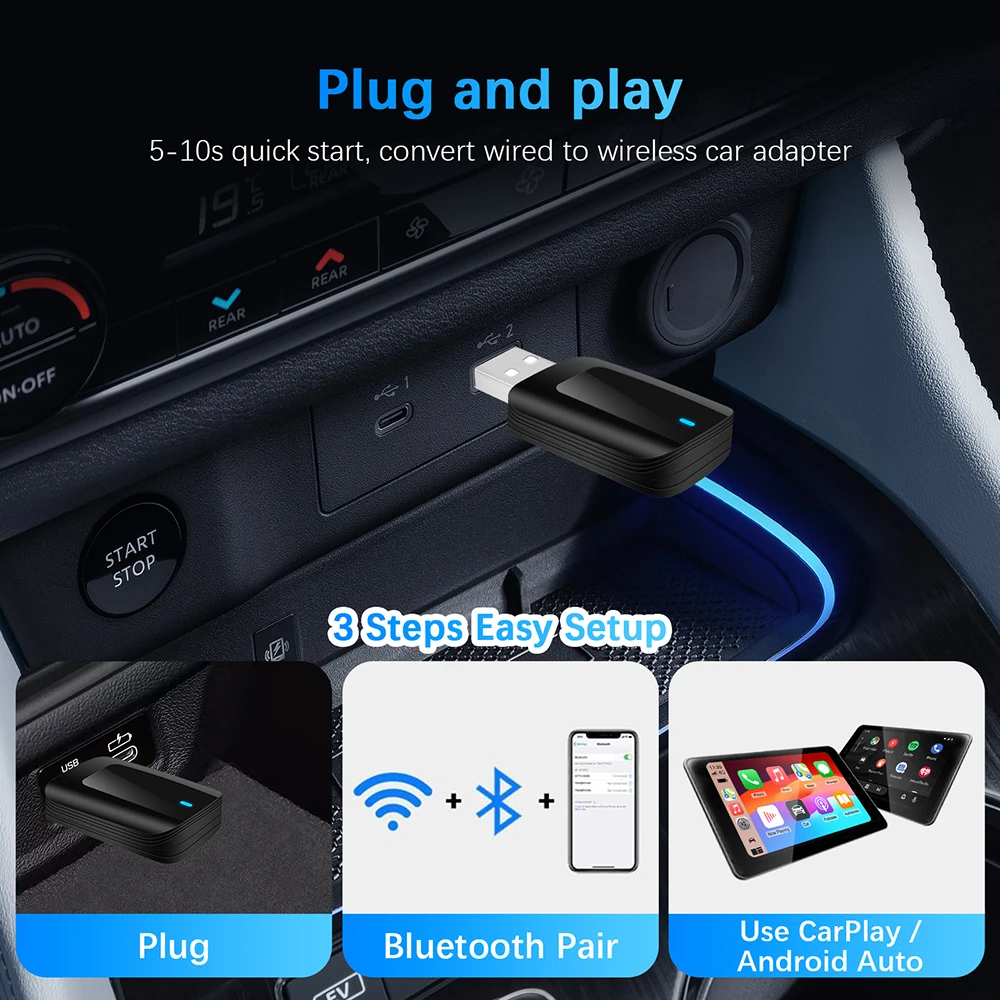 Фото Новый мини беспроводной адаптер Carplay Android Auto 2 в 1 Plug and Play для Mercedes Benz A C E S GLA GLB GLC 300 GLE GLS EQB EQC №5