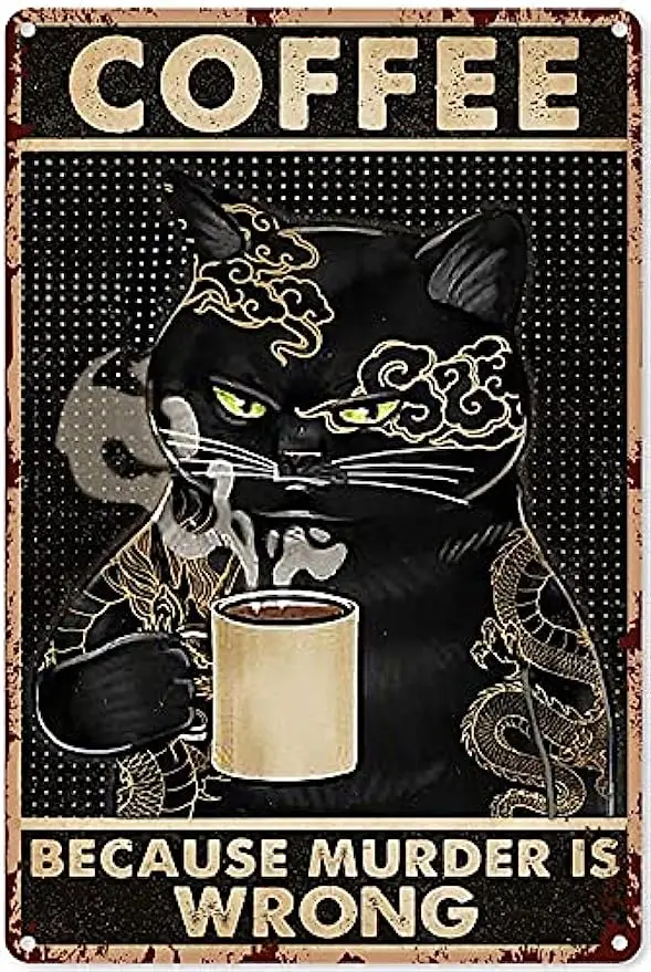 

Black Cat Drinking Coffee Metal Tin Logo Interesting Black Cat Poster Room Bar Club Decoration Vintage Wall Decoration