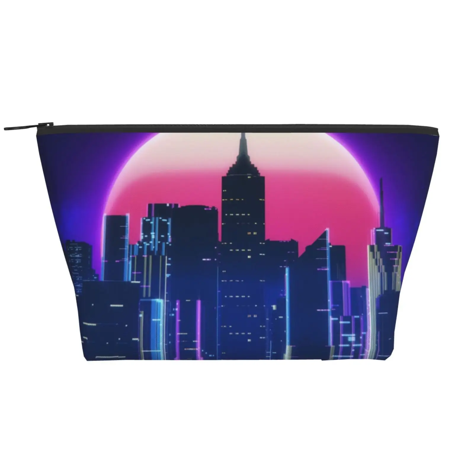

Neon Trapezoid Daily Storage Bag Polyester Holiday Night of City Dark Blue and Purple Organizer Folding Stocked Makeup Bags