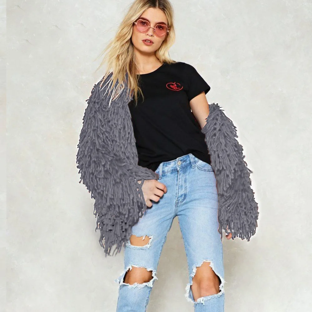 Women's Fur Jacket Autumn and Winter Women's Woven Wool Sweater Plush Coat Top Women's Faux Fur Coat