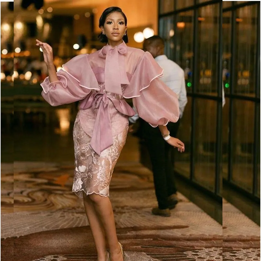 

Pink Arabic Aso Ebi Stylish Mermaid Prom Dresses Knee Length Vintage Formal Evening Dress Long Sleeves Lace And Organza