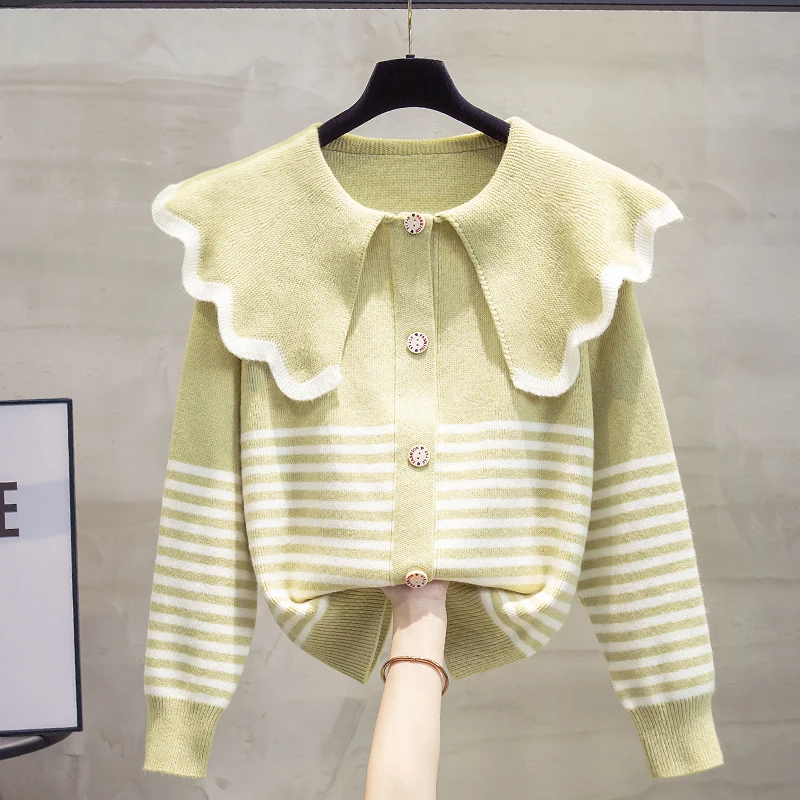Doll Collar Knit cardigan Women 2023 Spring and Autumn New Korean Sle Loose Outer Wear Top Thickened Striped sweater Outerwear