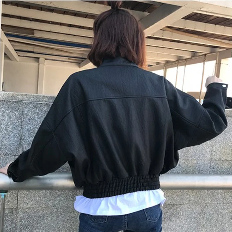 Autumn leather jacket coat black short style locomotive PU leather bat sleeve loose leather clothing for wome