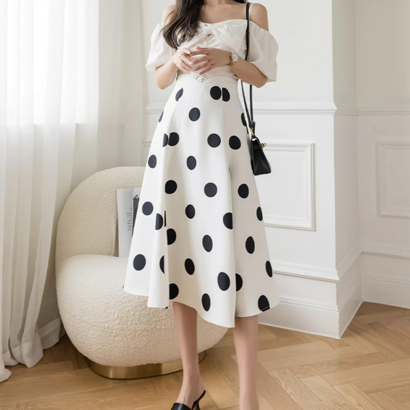 

Women Chic High Waist A-line Retro Polka Dot Midi Long Skirts Female Elegant Slim Thin Temperament Swing Skirt Ladies Streetwear