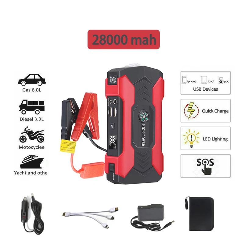 

28000mAh LCD Jump Starter Power Bank 200-600A Portable Charger Car Booster 12V Auto Starting Device Emergency Battery Car Start