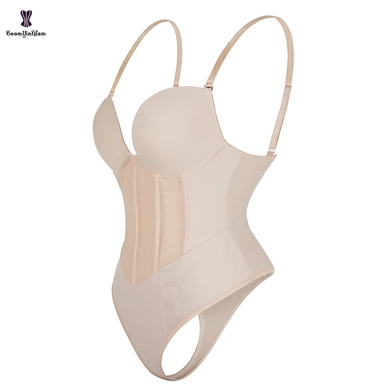 Plus Size 5 Plastic Bones Supported Translucent Bodysuit Shapewear Nude Black Women Strap Bra Bustier Underwear Panties Shapers