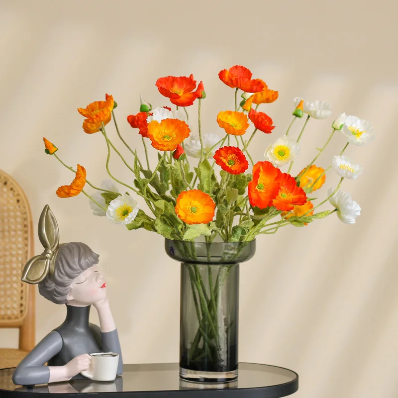 

Artificial Flower 60cm4 Heads Flocking Poppy Flower Home Living Room Desktop decoration Wedding Arrangement Valentine's Day Gift