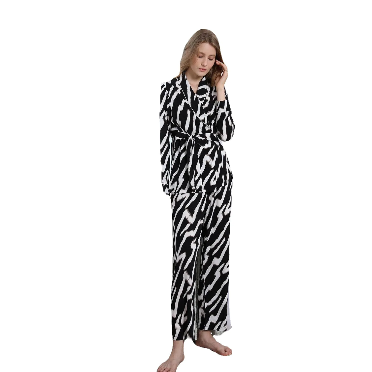 100% Viscose Elegant Zebra Pyjamas Set Female Two Pieces Pajamas Sleepwear Set Winter Loungewear Homewear For Women