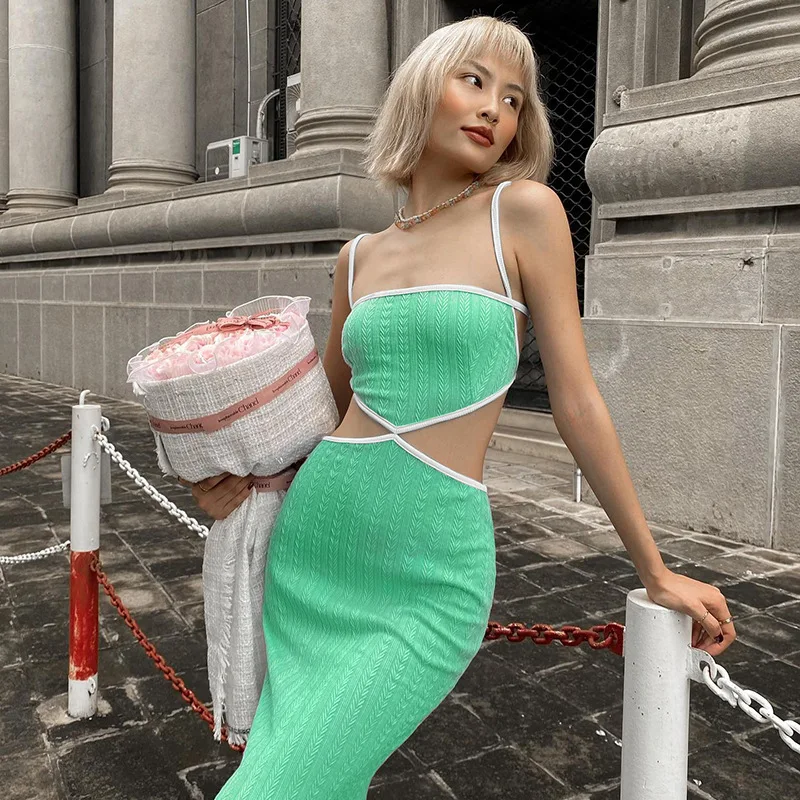 

2022 Sexy Dress Slim Backless Spaghetti Strap England Style Summer Sleeveless Empire Maxi Dress
