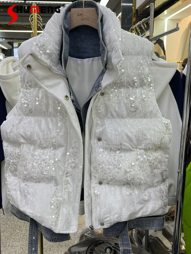 Women's Fashion Stand Collar Sequins Down Cotton-Padded Vest 2022 Winter New Stylish White Sleeveless Vests Jacket Streetwear