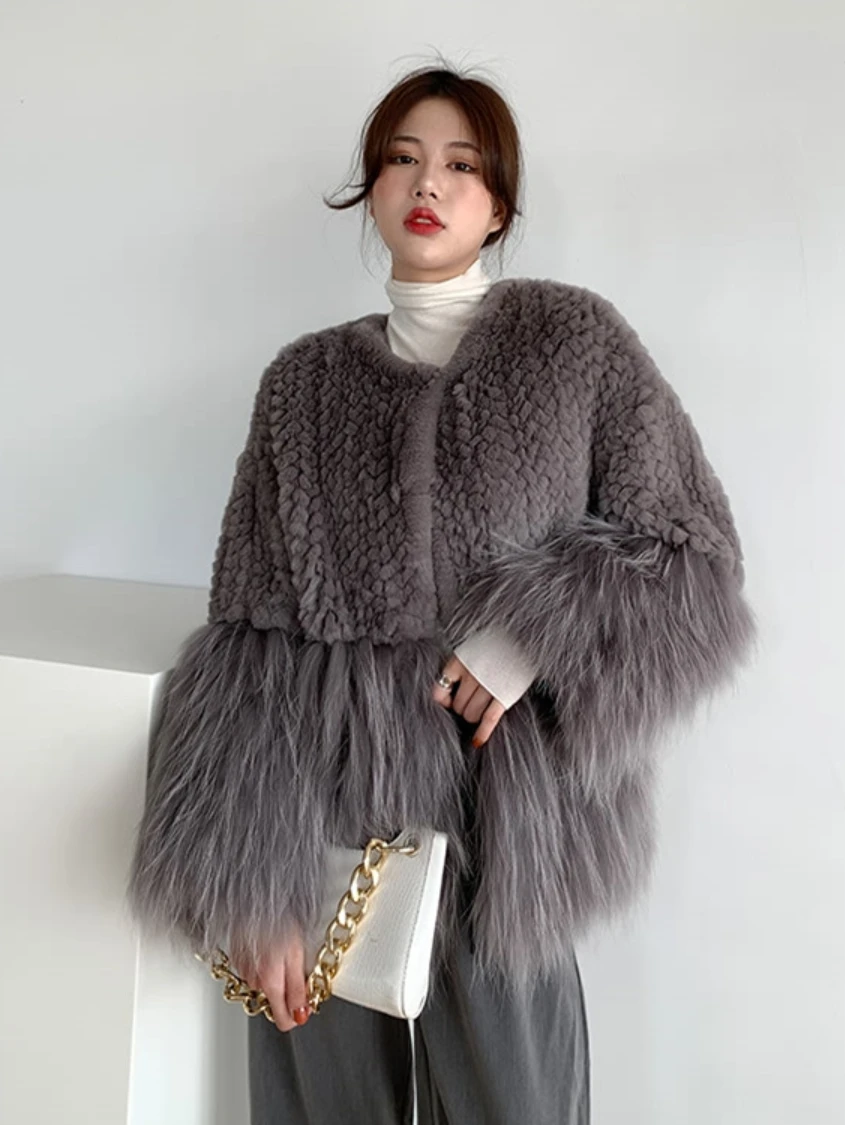Faux Rabbit Fur Stitching Woven Furry Coat Women 2022 Winter Clothes Korean Style Long Sleeve Loose Thick Warm Faxu Fur Overcoat