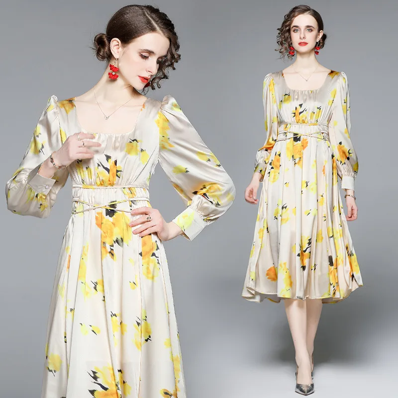 

Женское платье миди с квадратным вырезом, элегантное романтичное винтажное платье во французском стиле с принтом, весна 2023
