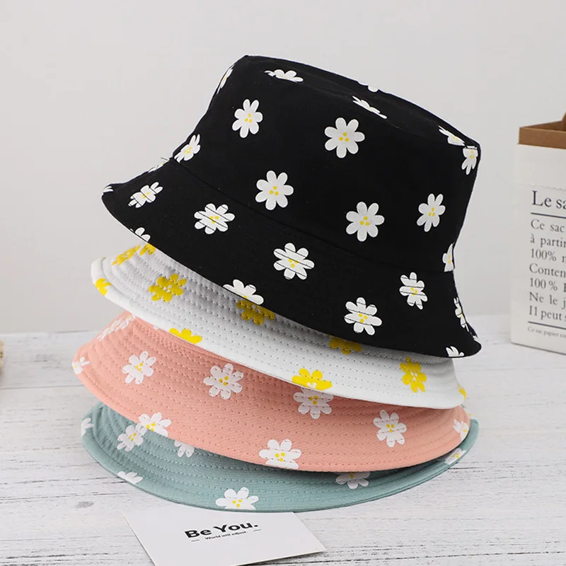 

Summer Daisy Bucket Hat Cotton Beach Sun Hat Reversible Flower Print Chapeau Femme Women Fashion Floral Panama Hat Fisherman Hat