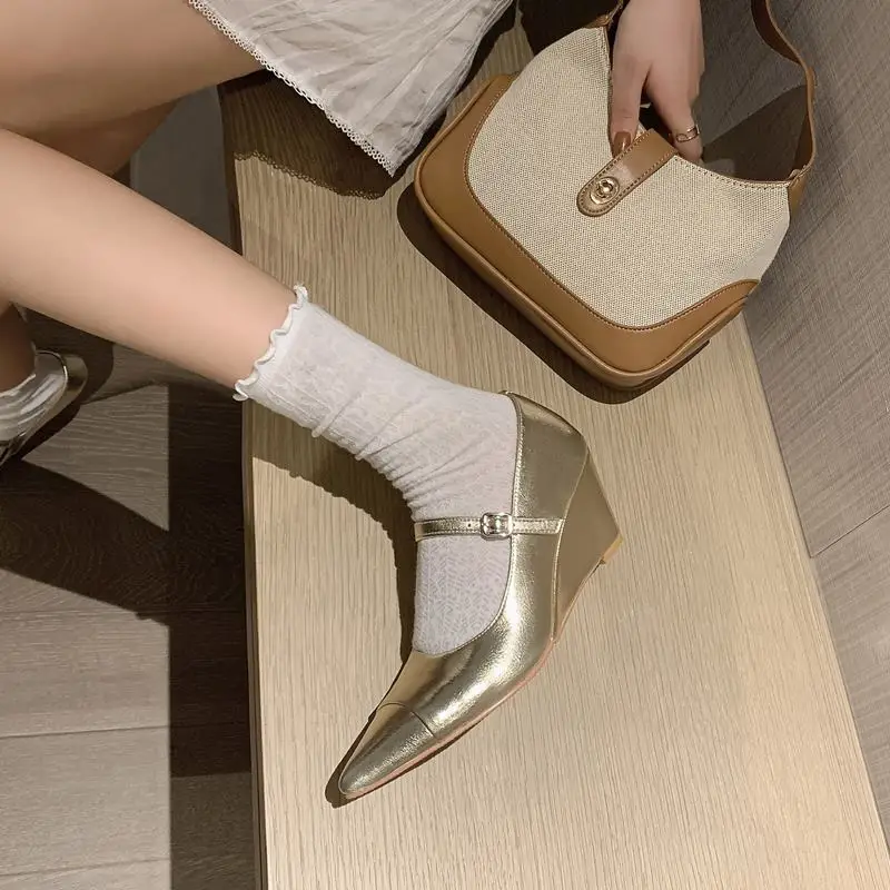 2023 New Natural Genuine Leather Women Heels Shoes Pointed Toe Fashion Birthday Party Wedding Shoes Wedges High Heel Shoes
