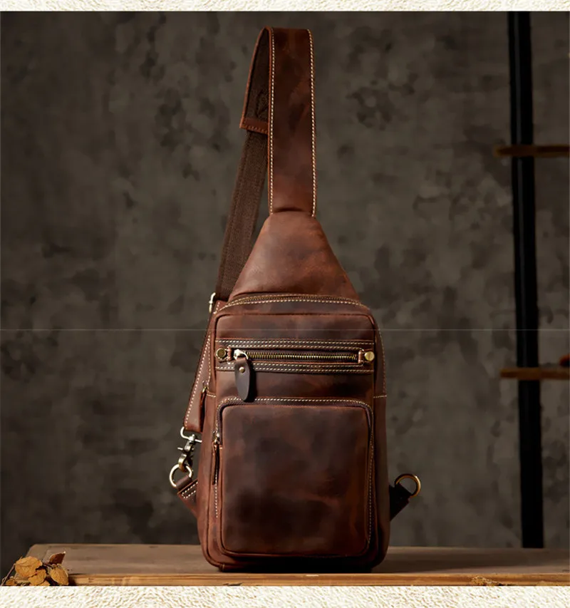 Retro fashion crazy horse cowhide men's multi pocket brown chest bag youth outdoor sports hot sale genuine leather diagonal bag