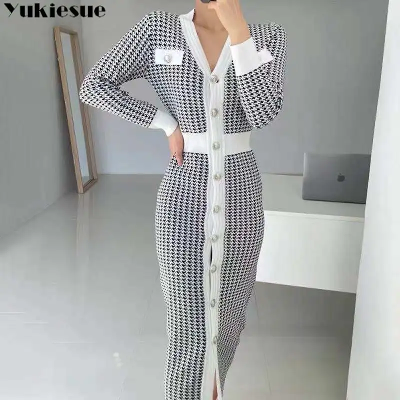 

Женские платья в клетку, Осень-зима 2021, платье-свитер V-Meck, корейское шикарное однобортное вязаное длинное платье с рисунком «гусиная лапка»,...