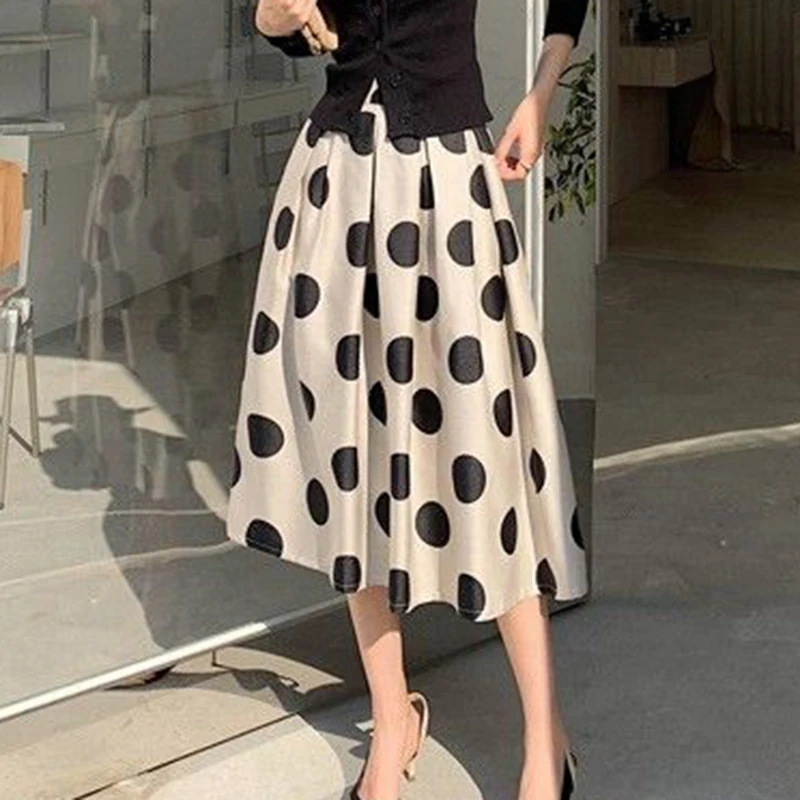 Chiffon pocket skirt for women autumn with large polka dot print a-line hanging umbrella skirt, medium length  clothes